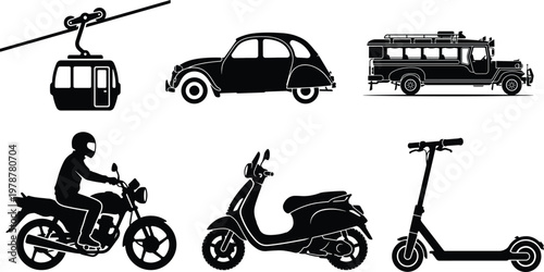vector illustration of diverse urban transportation modes and vintage vehicles