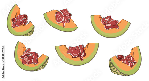 Six elegant slices of ripe orange cantaloupe melon are topped with thin folds of savory dark red prosciutto ham against a clean white background scene.