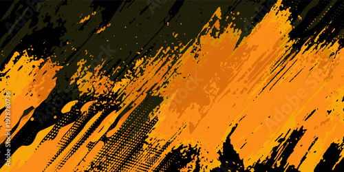 Black and yellow abstract background with brush stroke and halftone style. abstract grunge