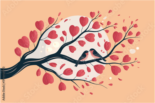 Two birds perched on a tree branch filled with heart-shaped leaves, symbolizing love, romance, and togetherness against a soft background