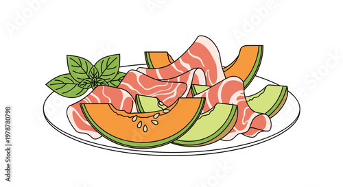 Meticulous vector illustration of salty prosciutto ham slices elegantly layered over fresh cantaloupe melon wedges on a white plate with green basil leaves.