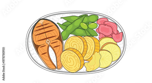 Vibrant illustration of a complete Japanese meal featuring grilled salmon, rolled omelet, edamame, and pickled vegetables served on a bed of white rice.