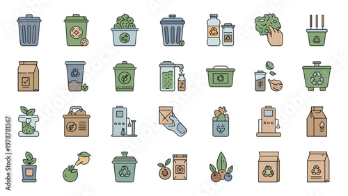 Recycling bins composting waste sorting eco icons sustainable packaging circular economy vector icon set collection