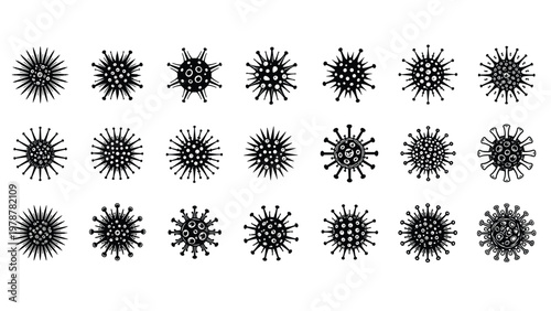 Comprehensive set of twenty-one different virus and bacteria icons presented in a detailed black and white graphic style.