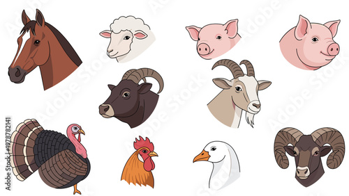 Assortment of farm animal head illustrations featuring a horse sheep pigs goats turkey rooster goose and a horned ram.