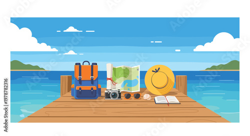 A vibrant collection of travel essentials including a blue backpack and straw hat sits on a wooden pier overlooking a calm tropical ocean scene now.
