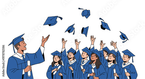 Joyful diverse university graduates wearing vibrant blue academic gowns and caps celebrate their achievement by tossing mortarboards high into the bright clear sky.