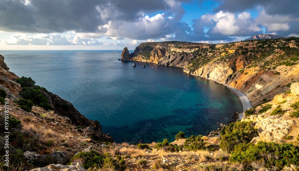 Obraz premium Dramatic Coastal Landscape - Cliffs, Sea, and Cloudy Sky.