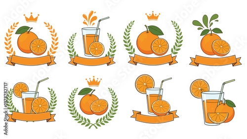 Set of orange juice emblems featuring glasses of fresh drink citrus fruit slices wreaths and ribbons for branding use.