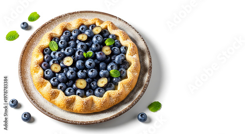 Blueberry tart on ceramic plate isolated on white background with soft shadow and copy space, fresh berries topping