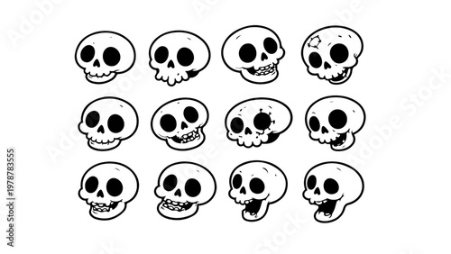 set of black and white skulls, Halloween sculls vector PNG transparent background, sculls set.
