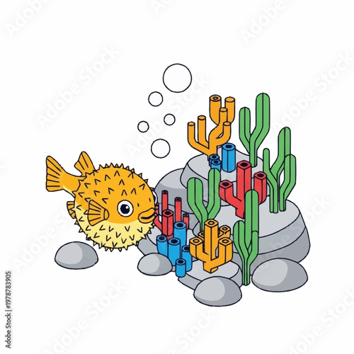 Puffed up puffer fish underwater scene.