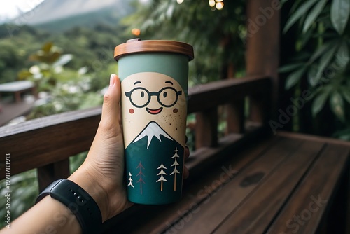 Person holding a cute cartoon mountain design reusable coffee cup outdoors