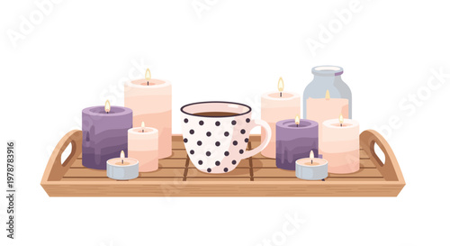 A cozy wooden tray displays a charming polka-dot ceramic mug filled with dark coffee alongside several flickering purple and peach scented pillar candles.