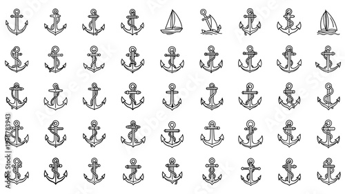 Large grid of various anchor icons in different styles along with small sailboats for nautical themed design projects.