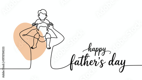 Father carrying son on shoulders for Happy Fathers Day celebration, continuous line drawing style