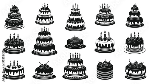 Various silhouettes of multi-tiered birthday and wedding cakes decorated with candles, cherries, and frosting details.