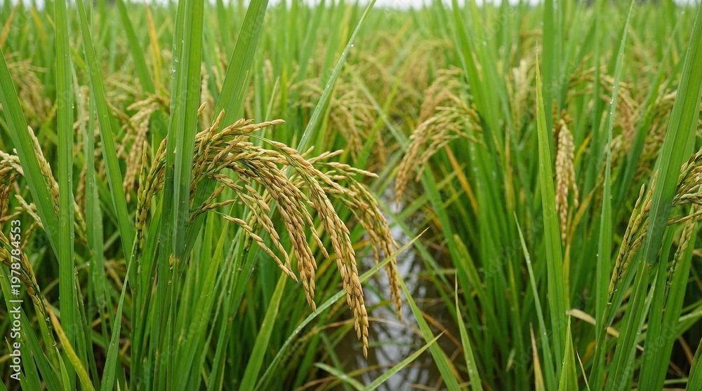 Fototapeta premium Golden ripe rice plants in lush green paddy field at harvest time