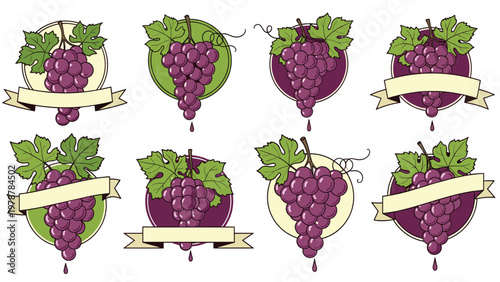 Collection of vineyard labels featuring purple grape bunches, green leaves, and blank ribbons for wine branding.
