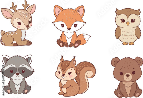 Woodland baby animals collection vector with cute fox deer owl raccoon squirrel and bear for nursery design