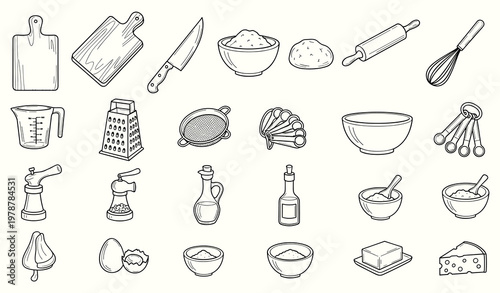 Baking preparation icons vector featuring dough rolling pin flour and kitchen tools for homemade recipe and pastry design