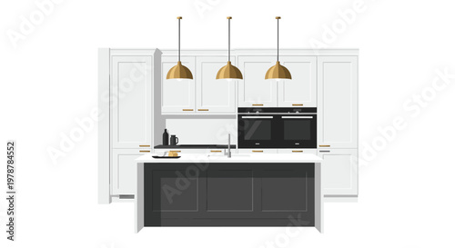 Elegant white cabinetry surrounds a dark grey kitchen island illuminated by three sophisticated gold pendant lights hanging from the ceiling in a modern home.