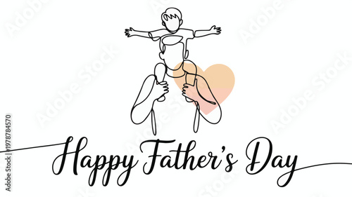 Father carrying son on shoulders continuous line drawing with Happy Fathers Day text