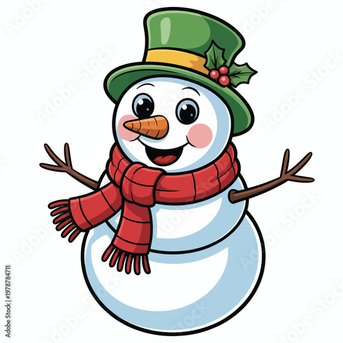 Cheerful Snowman Wearing Green Hat And Red Scarf Isolated On White For Winter Holiday Concepts