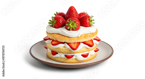 Strawberry shortcake on ceramic plate isolated on white background with soft shadow and copy space, whipped cream layers
