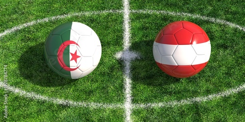 Algeria and Austria national flags on soccer balls at center of a football field