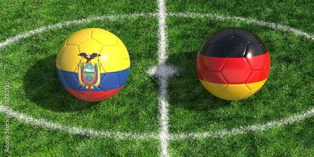 Naklejka premium Ecuador and Germany national flags on soccer balls at center of a football field