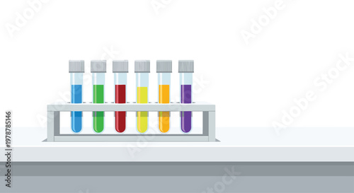 Six transparent glass test tubes containing a spectrum of colorful liquids sit neatly arranged in a silver metal rack on a clean laboratory counter.
