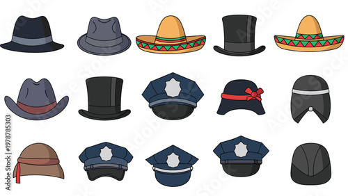 Selection of different hat styles including fedoras, top hats, police caps, sombreros, and berets in a flat colorful illustration style.