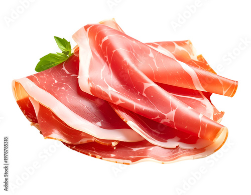 Thinly sliced cured meat with marbled fat and basil leaf