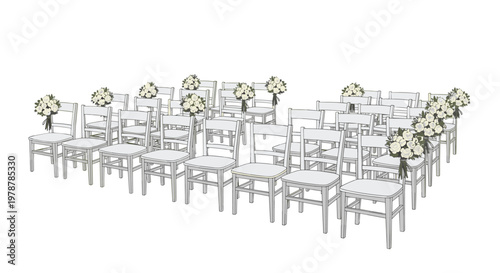 Meticulously arranged rows of white wooden chairs featuring delicate cream rose bouquets tied with dark ribbons create a sophisticated indoor wedding ceremony setting.