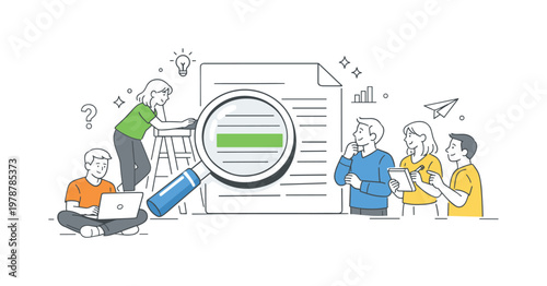 Search and discovery concept where individuals explore information or solutions in a professional or everyday context, represented by a magnifying glass and a simple