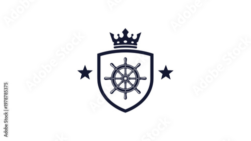Nautical shield logo featuring a ship steering wheel icon topped with a crown and flanked by two stars in a classic navy blue style.