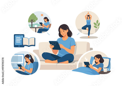 Digital reading and modern lifestyle theme where a person engages with content through portable devices in a flexible daily routine, represented by a tablet paired with a