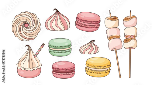 Various colorful dessert illustrations featuring macarons, meringues, and marshmallows on sticks in a soft and sweet pastel style.