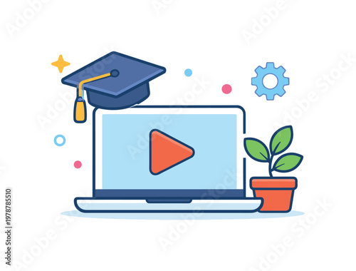 E-learning experience and digital skill development in a modern remote education environment emphasizing continuous growth and accessibility, a laptop displaying a simple