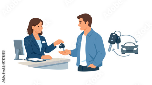 A car rental interaction where a staff member hands over keys to a customer, illustrating service, transaction, and temporary vehicle access in a professional setting, a