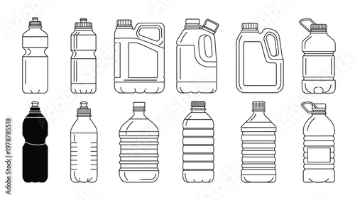 Selection of plastic bottle and jug outlines showing different shapes and sizes for industrial, household, or beverage container design.