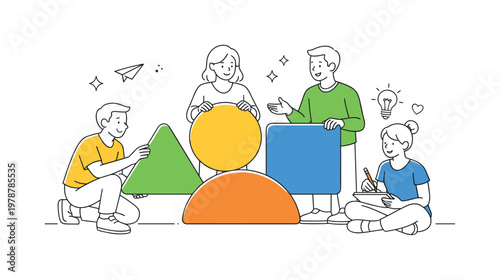 People interacting with playful and friendly visual elements in a creative or design context to explore simple forms and aesthetics, illustrated through a clear metaphor