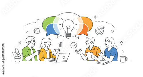 Team collaborating and sharing insights to solve problems and align on goals within a modern work environment, represented through a metaphor of multiple speech bubbles