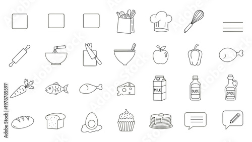 Kitchen line icons vector for food cooking menu and grocery shopping list recipe design tools