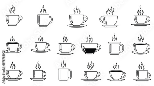 Minimalist outline icons of diverse steaming coffee and tea cups with saucers suitable for cafe menu and web design.