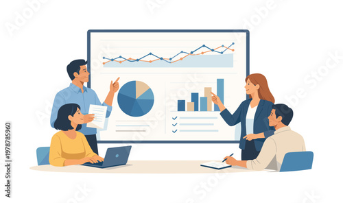 A team collaborating around a digital dashboard to interpret data and track performance, illustrating teamwork, transparency, and shared understanding in business