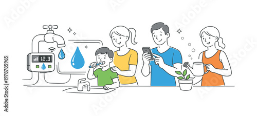 A smart home efficiency concept where technology helps monitor and optimize water usage in everyday routines, depicted through a simple scene with a faucet connected to a