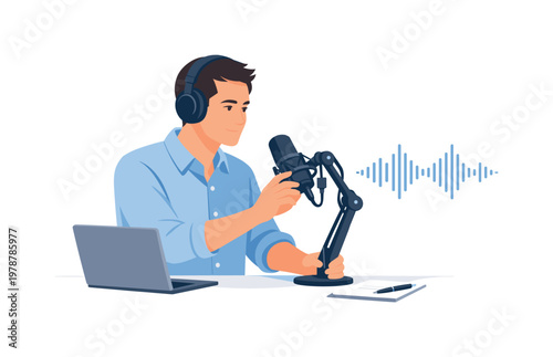 A professional producing audio content for an engaged audience in a structured workflow, illustrated by a person adjusting a microphone while observing a minimal sound