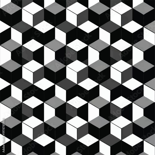 Seamless 3D Isometric Cube Pattern in Black White and Gray Geometric Background